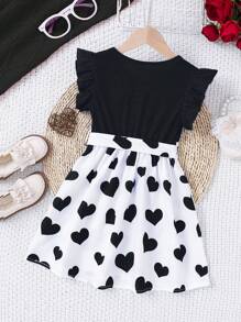 SHEIN Mädchen Herz Bedrucktes Rundhals Rüschenärmel Sommer Kleid