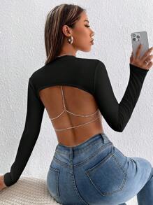 SHEIN PETITE Diamond Chain Decorated Long Sleeve Cropped T-Shirt With Open Back - Black - View 1