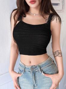 SHEIN Unity Camiseta Tejida De Tirantes De Color Sólido Para Mujer Con Nudo En El Hombro - Negro - Ver 3