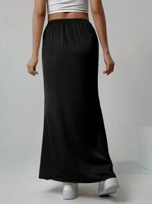 SHEIN EZwear Women's Mermaid Style Midi Skirt, Solid Color - Black - View 2