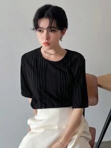 FRIFUL T-shirt à manches courtes texturé de couleur unie pour femmes, Décontracté chic pour femmes