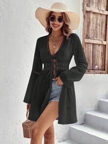 Swim Vcay Màu thuần Cắt ra phía trước Buộc Kimono Cover Ups & Áo đầm Với Kỳ nghỉ Phong cách - màu đen - Xem 4