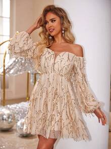 Joyfunear Women's Fringe & Sequin Off-Shoulder Long Sleeve Formal Dress, Suitable For Spring, Summer, Autumn, Winter Party Wedding - Champagne - View 3