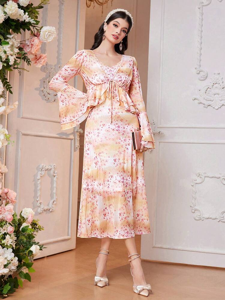 Women'S Floral Printed Ruffle Hem Top And Spaghetti Strap Dress Set 2 Piece Set