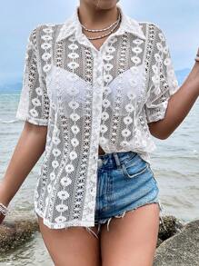 Zolique Short Sleeve Hollow Out Button-Front Vacation Casual Shirt - White - View 4