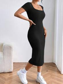 SHEIN PETITE 女士方領短袖開叉洋裝 - 黑色 - 查看 3