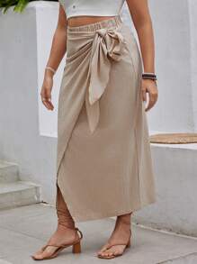 SHEIN VCAY Fusta cu bowknot în stil Wrap - Caisă - Vizualizare 3