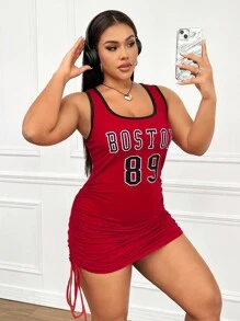 CovetEZ 大尺碼女士紅色信件印花及褶皺連衣裙 - 紅色 - 查看 6