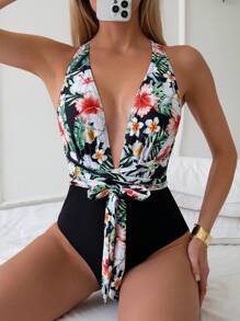 SHEIN Swim Women's Vacation Style Deep V-Neck Floral Pattern Halter One-Piece Swimsuit Summer - Multicolor - View 4