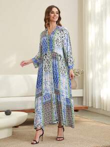 斋月阿拉伯风格优雅 Jalabia 连衣裙，传统“宰牲节”印花，2025 年春夏 - 藍色 - 查看 6