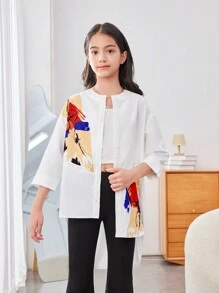 SHEIN Chemise ample, mignonne, à motif floral pour filles préadolescentes avec col châle et ourlet asymétrique, pour sorties quotidiennes