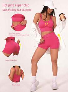 Yoga Basic Solid Color Sports Bra And Shorts Set Pink 2 Pieces Settenue Sexy
