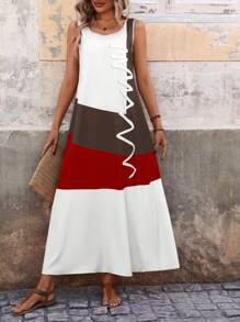 EMERY ROSE Sleeveless Printed Color Block Dress For Women, Pocket-Free, Summer Maxi Women Outfit