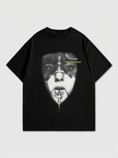 Camiseta Estampada Para Hombre Con Patrón De Personajes Y Letras