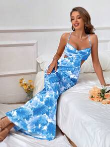 SHEIN VCAY Women Dresses Backless Criss Cross Tie Back Tie Dye All Over Print Seksi Boho - Biru - View 6