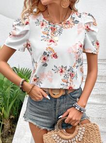 SHEIN VCAY Của phụ nữ In hoa Vòng cổ Ngắn Ống tay áo Áo sơ mi - trắng - Xem 3