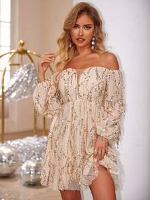 Joyfunear Women's Fringe & Sequin Off-Shoulder Long Sleeve Formal Dress, Suitable For Spring, Summer, Autumn, Winter Party Wedding - Champagne - View 4