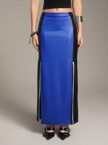 SHEINNeu Falda De Diseño De Color En Bloque De Cintura Alta Para Mujer Con Abertura