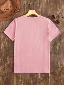 SHEIN VCAY 1件休閒簡約復活節圖案圓領短袖寬鬆女士t恤,適合夏季穿著 - 藕粉色 - 查看 5