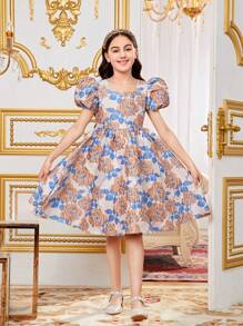 SHEIN Locker Geschnittenes, Locker Geschnittenes, Lässiges Kleid Mit Blumenmuster Für Mädchen Von Tween Mit Quadratischem Ausschnitt Und Puffärmeln - Blau - Übersicht 4