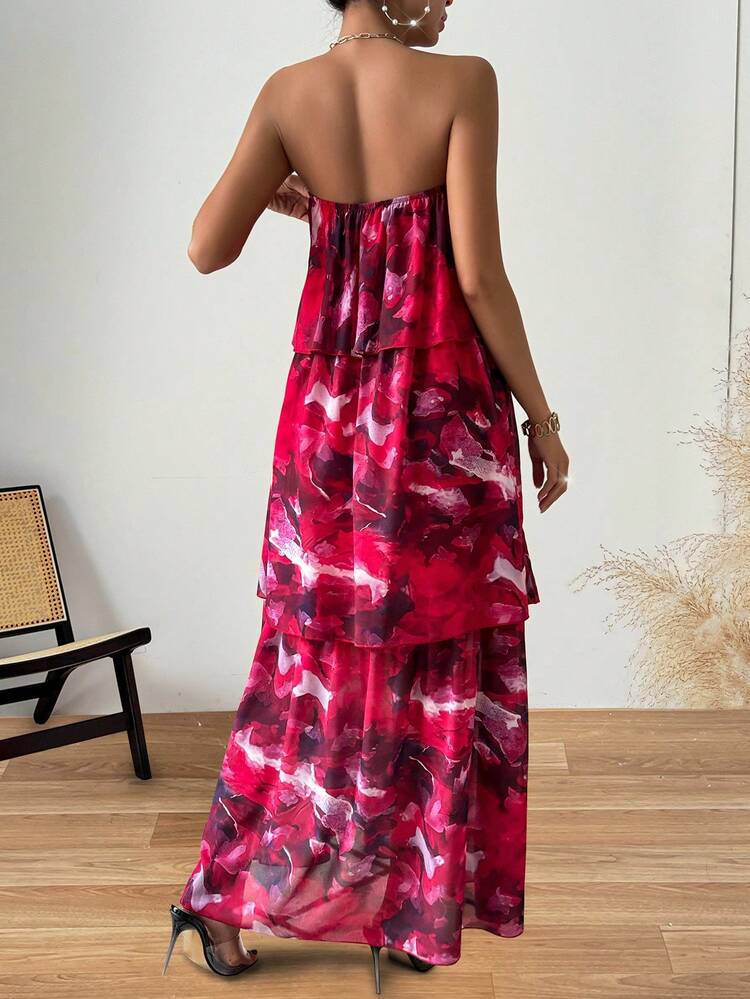 Women's Dip Dyeing Strapless Ruffle Hem Tiered Dress