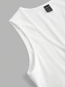 Slaydiva All-Match Versatile Sexy Low-Cut V-Neck White Ribbed Tank Top For Women, Great For Music Festivals/Rave Outfits - White - View 4