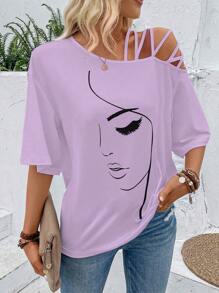 Portrait Pattern Printed Asymmetrical Neck Casual T-Shirt Graphic Tees Women Tops - Mauve Purple - View 5