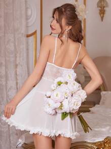 Crystal Vow 女士 3d 花朵图案蕾丝透视吊带睡衣裙新娘内衣 - 白色 - 查看 2