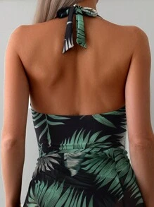 SHEIN Swim Summer 2pcs Women's Vacation Style Plant Printed One-Piece Swimsuit