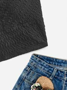 SHEIN VCAY Kỳ nghỉ Vải dệt kim màu có họa tiết Áo yếm có đệm Cami Top - màu đen - Xem 5