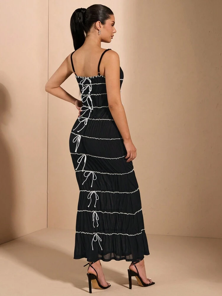 Black Mesh Perspective Combined With Contrast Color Wave Edge Bow Decoration Long Sexy And Elegant Dress