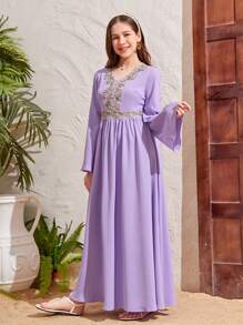 SHEIN Leap Crew Teen Girls' Woven Solid Color Patchwork Flower Ribbon Casual Bell Sleeve Dress Eid Dress - Mauve Purple - View 3