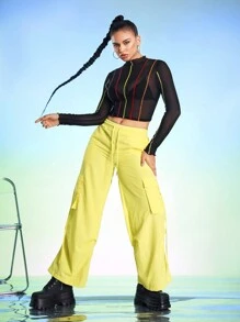 ISELACOS 设计师女士修身撞色透明网眼上衣，秋季，适合秋冬季、度假、外出、节日 - 黑色 - 查看 4