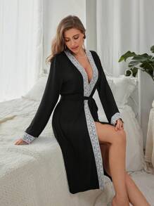 女士花邊拼接長袖浴袍,適用於家居 - 黑色 - 查看 1