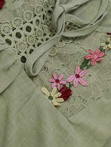 Patch Lace Floral Embroidered Knot Collar Casual Shirt