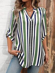 SHEIN LUNE Sọc Tay áo cuộn lên Giải trí Áo sơ mi - màu xanh lá - Xem 1