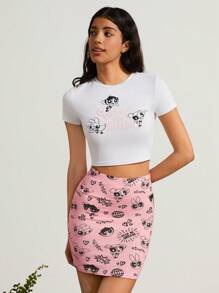 SHEIN Earth Day Fanverse Picks Cartoon And Letter Graphic Crop Tee & Bodycon Pink Skirt Set - White - View 8