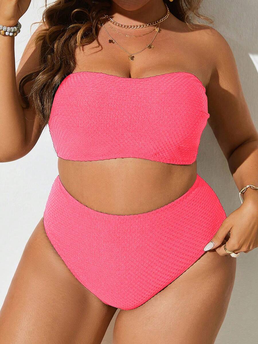 Slaydiva Summer Beach Plus Size Women's Solid Color Strapless Bikini Set Bikini Set - Hot Pink - View 1