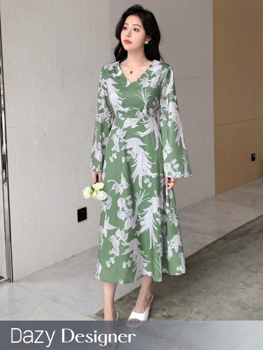 Dazy Designer Women's V-Neck Design Printed Long Sleeve Dress,Fall Dress Vacation Outfits Women Floral Boho - Multicolor - View 1