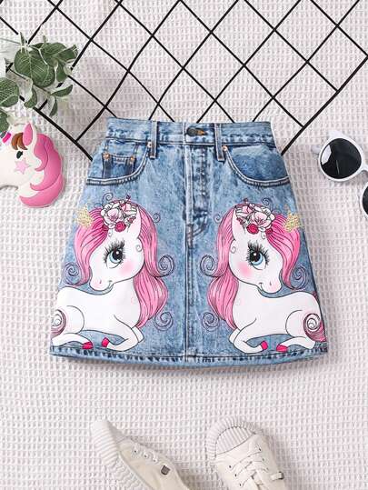 SHEIN Young Girl Cute Cartoon Unicorn Printed Skirt Summer
