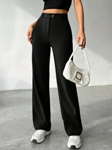 SHEIN EZwear Women's Solid Color Zipper Built-In Straight Pants