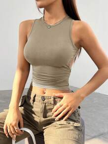 SHEIN EZwear Mùa hè Màu xám Y2K Không lưng Quần skinny Áo ba lỗ Áo Áo ba lỗ - Màu Khaki - Xem 5