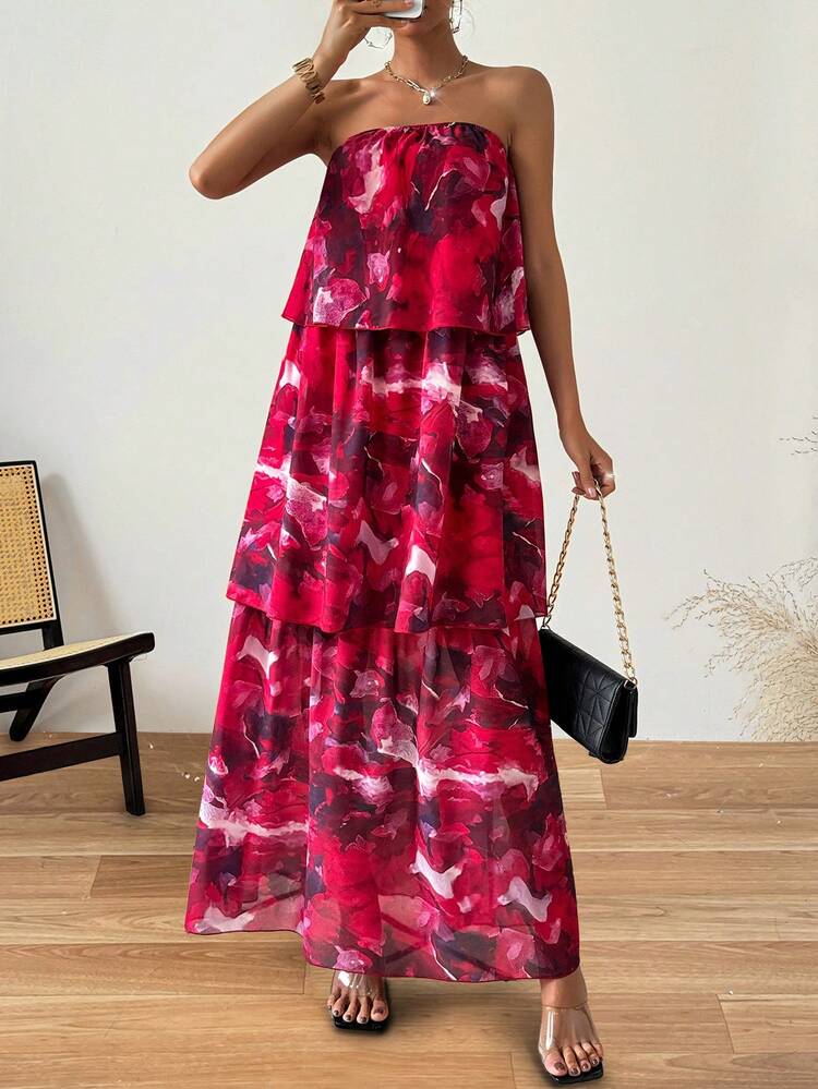 Women's Dip Dyeing Strapless Ruffle Hem Tiered Dress