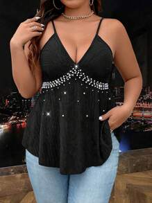 SHEIN Unity 大尺碼女款夏季假珍珠裝飾背心 - 黑色 - 查看 4