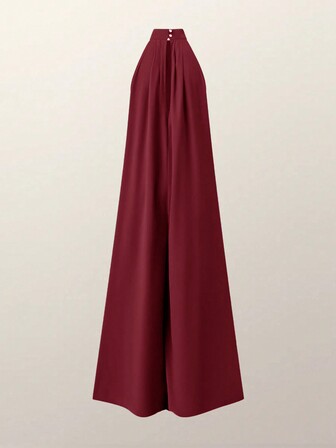 女式无袖露背纯色休闲连体裤，带口袋，夏季阔腿