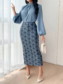 Modelyn Solid Color Lantern Sleeve Casual Top And All-Over Printed Hip Skirt - Dusty Blue - View 3