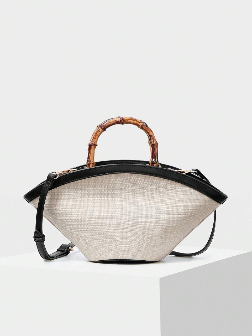 MOTF WOMEN'S CONTRAST BINDING BAMBOO HANDLE TOTE BAG