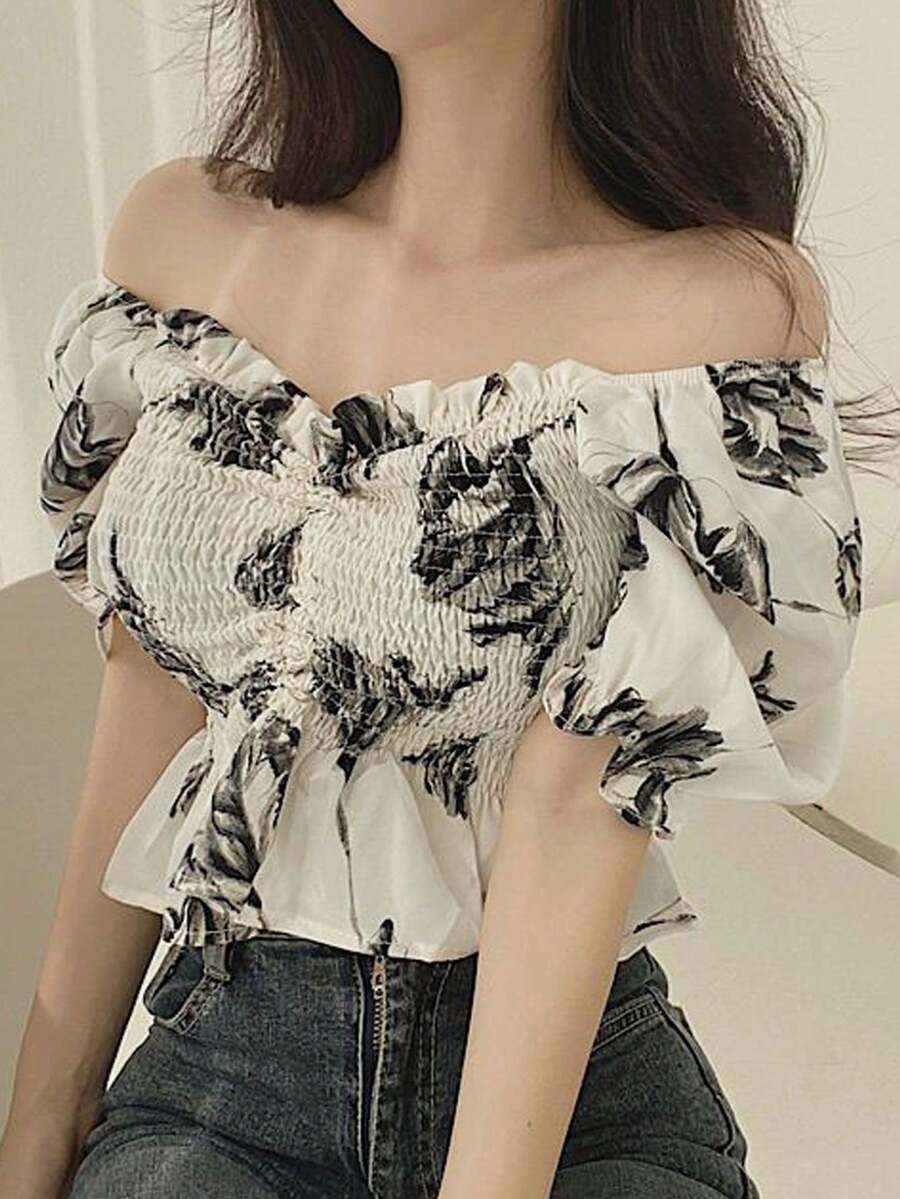 Blusa corta con cuello y mangas con volantes, diseño lindo y femenino para mujer, verano 2025