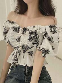 Blusa corta con cuello y mangas con volantes, diseño lindo y femenino para mujer, verano 2025
