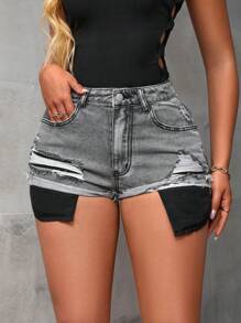 SHEIN SXY Quý cô Đau khổ Denim Ngắn Quần short - Màu Xám nhạt - Xem 1